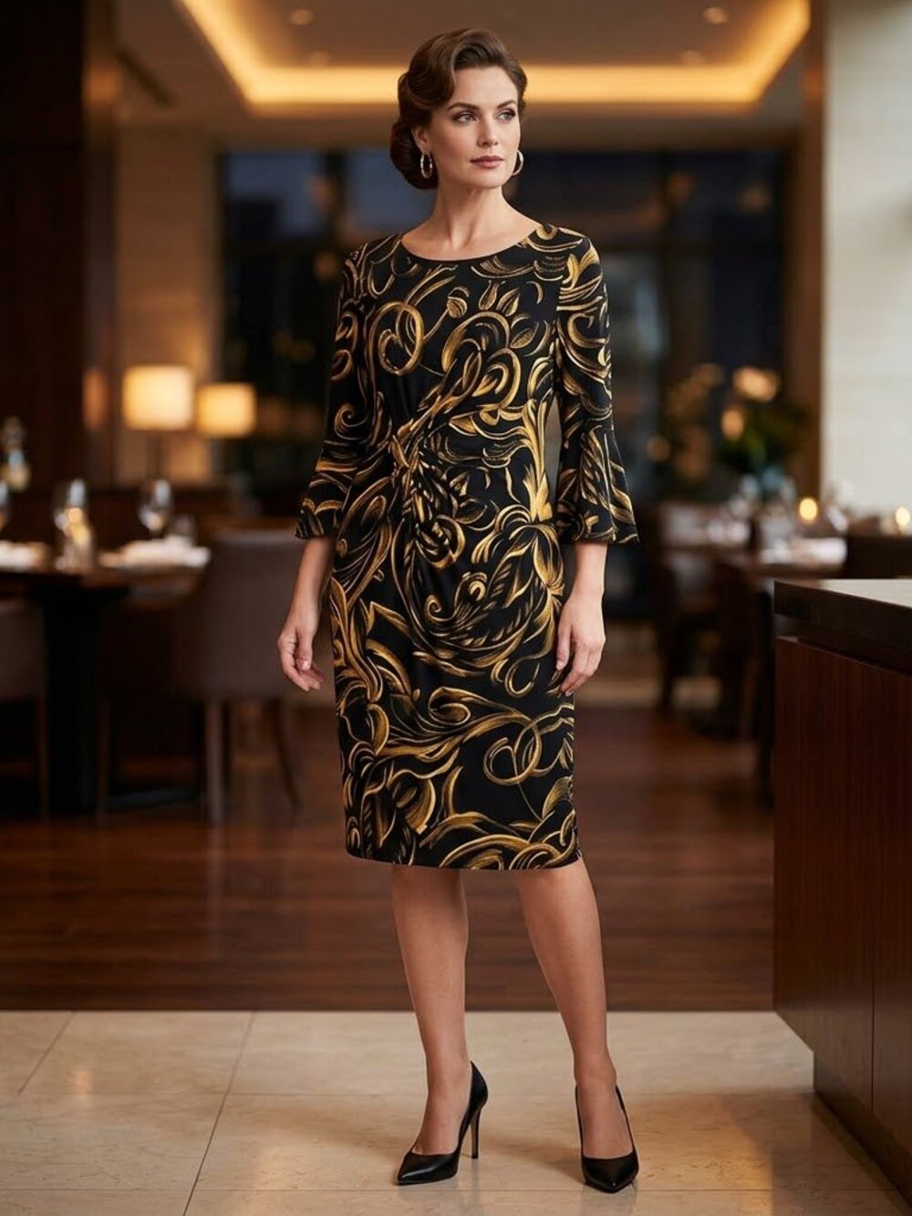 Connected Apparel Gold Foil Sheath Dress - Sheer Mesh Bell Sleeve - XL